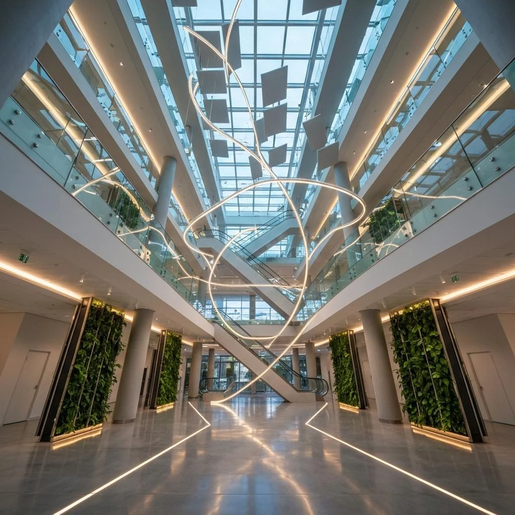 Atrium feature lighting anchoring a corporate lobby