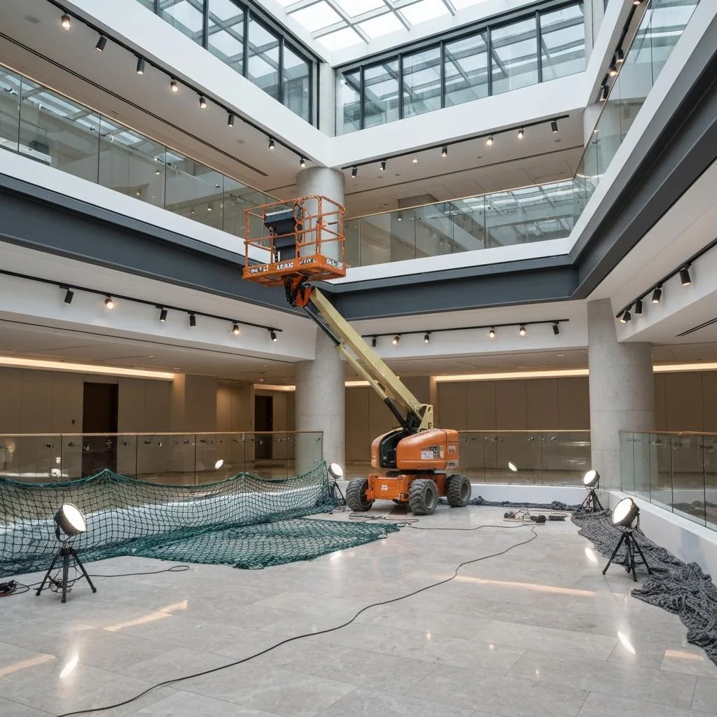 Installation crew on lift placing pendants in a double-height atrium