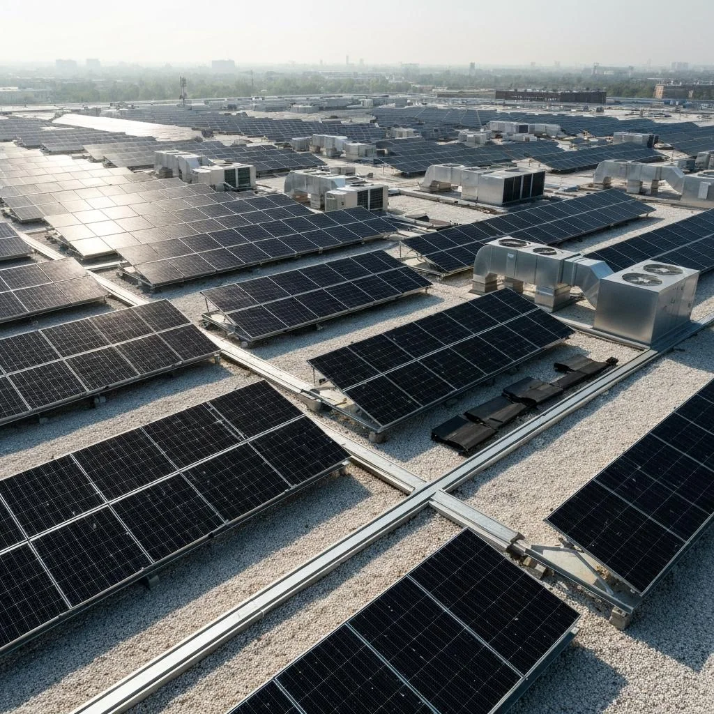 Large commercial rooftop covered in solar arrays and mechanical gear