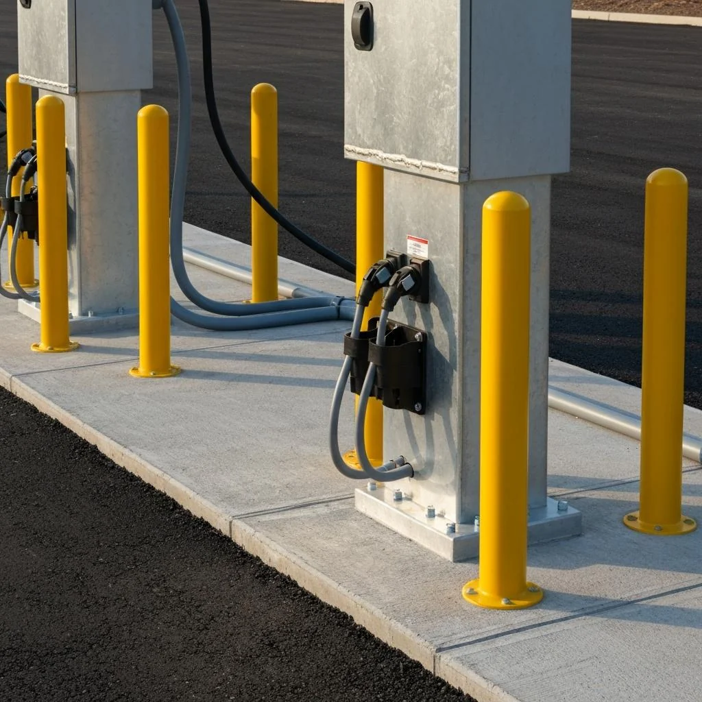 Crew staging DC fast chargers with conduit and bollards