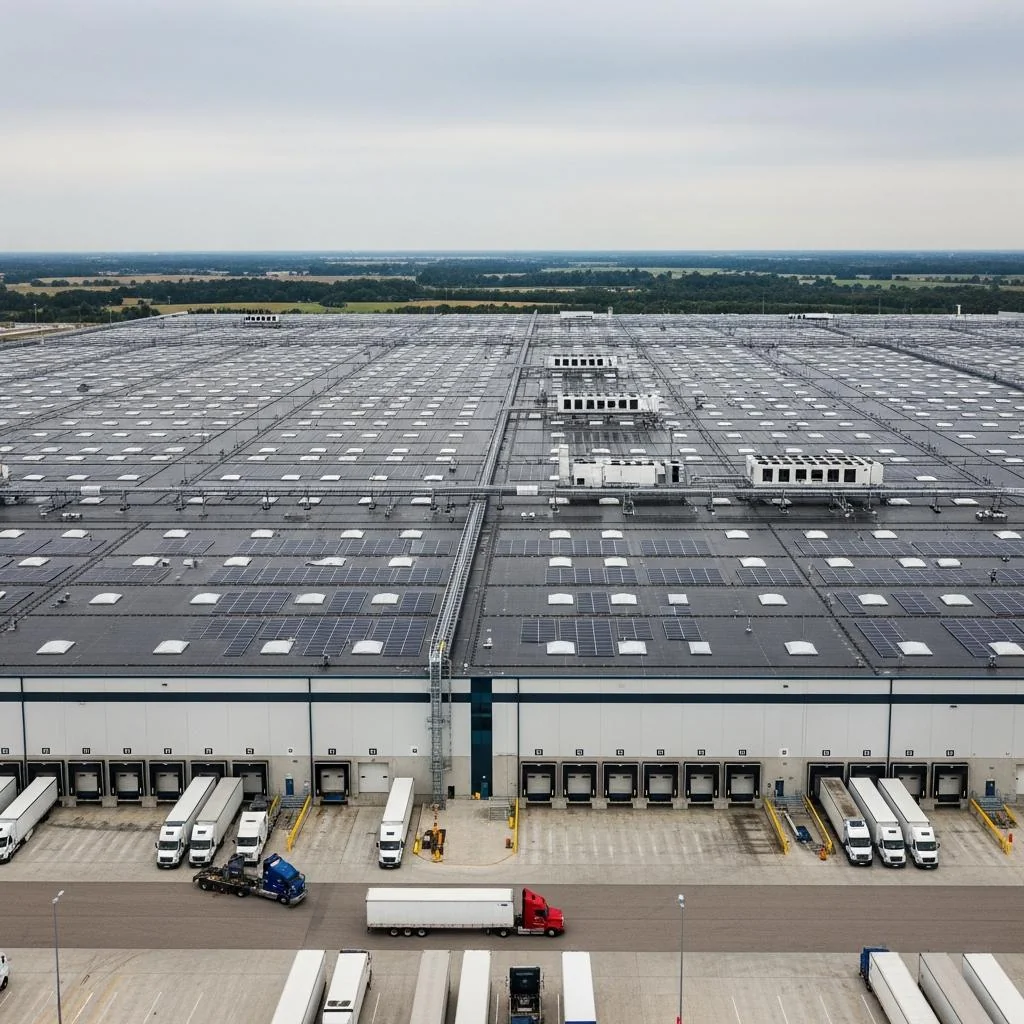 Distribution center rooftop fully built with solar arrays
