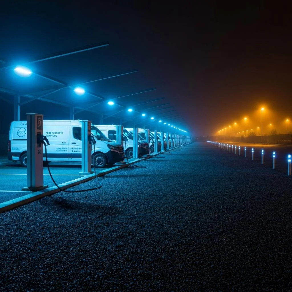 Networked EV charging yard energizing a fleet at night