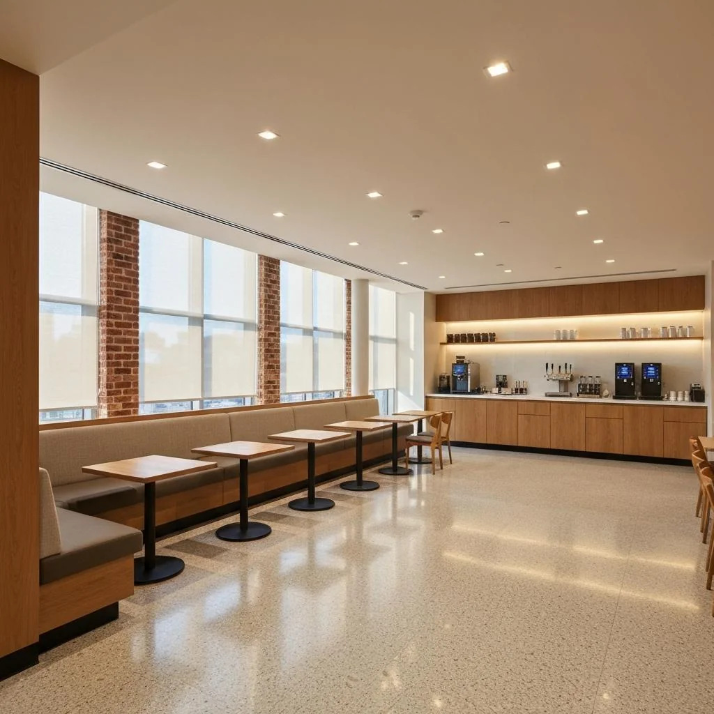 Innovation café with warm ambient lighting and collaborative seating