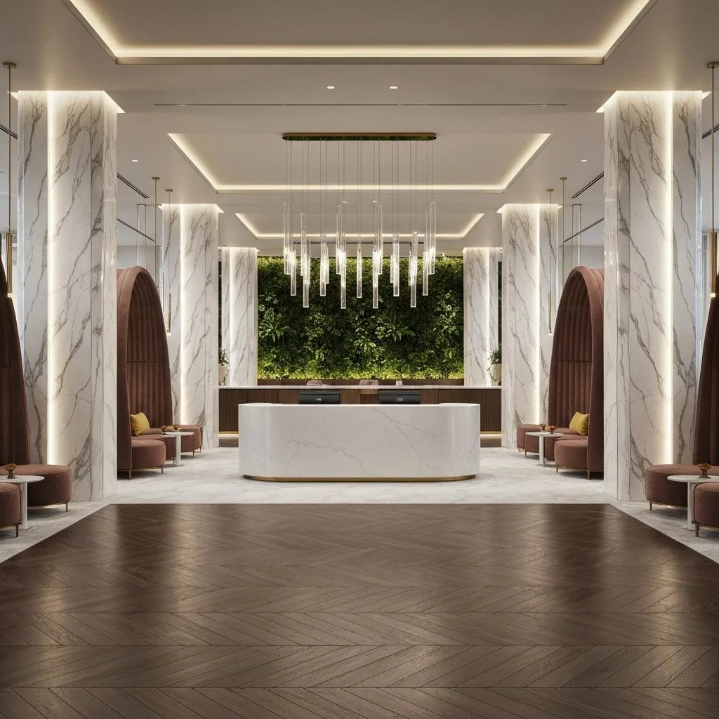 Hospitality-style lobby with pendant clusters above the reception desk